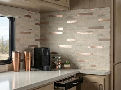 Yipscazo 10 Sheets Peel and Stick Stone Metal Tile Backsplash, Stick on Tiles for Backsplash Kitchen, Bathroom, Laundry Room, Camper, Fireplace (12'' X 12'', Beige Stone with Gold Metal) - color: Beige Stone with Gold Metal