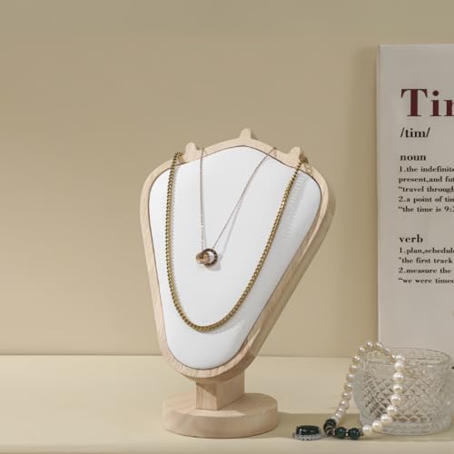 Natural Body Wood Necklace Display Stand with White Leather Soft Mat Necklace Holder Organizer Desktop Stand for Home Store Dresser-3.3"x5.8"x8.4" - color: Natural-White, size: 3.3"x5.8"x8.4"