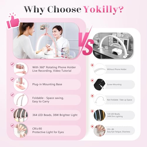 Yokilly Half Moon Light for Nail Desk: 29" Foldable Half Moon Nail Desk Lamp with Phone Holder for Beginner - Arch Tech Light with 3 Color Modes & 10 Brightness for Manicure Salon (Pink Diamond) - color: Pink Diamond, size: Large