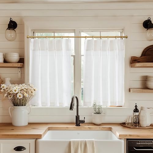 jinchan Linen Pinch Pleated Kitchen Curtains 24 Inch 2 Panels, Natural Linen Tier Curtains Back Tab Beige Farmhouse Cafe, Light Filtering Small Window Drapes for Bathroom Laundry Room Off White - color: Pinch Pleated White, size: 26"W x 24"L (Pack of 2)