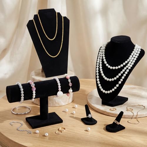 Leinuosen 5 Pcs Velvet Jewelry Display Set for V-shaped and Flat Necklace Stand Ring Finger Holder T Shape Bracelet Stand