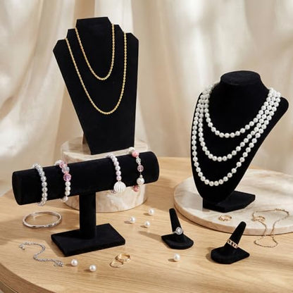 Leinuosen 5 Pcs Velvet Jewelry Display Set for V-shaped and Flat Necklace Stand Ring Finger Holder T Shape Bracelet Stand