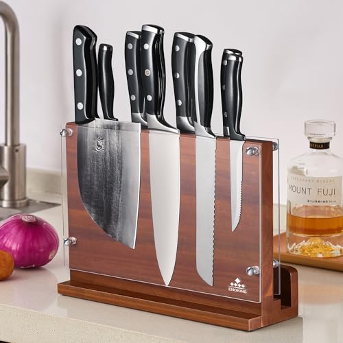 ENOKING Magnetic Knife Block with Acrylic Shield 12 x 9 Inches, Double Side Kitchen Knife Holder without Knives- Acacia Wood Universal Knife Storage Organizer with Powerful Magnet for Kitchen Counter - size: 12*9 inches
