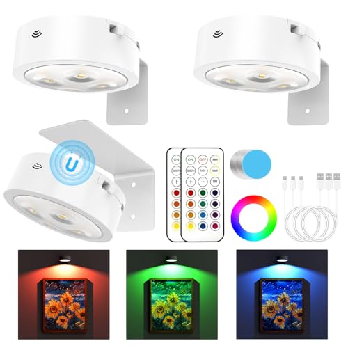 3 Pack Picture Lights for Wall, 13 RGB Color Rechargeable Battery Operated wall lights, Picture Frame lights with 3 Lighting Modes, Wireless Magnetic Painting Light with Remote Control Timer, (White) - color: White (RGB), size: 3 Pack