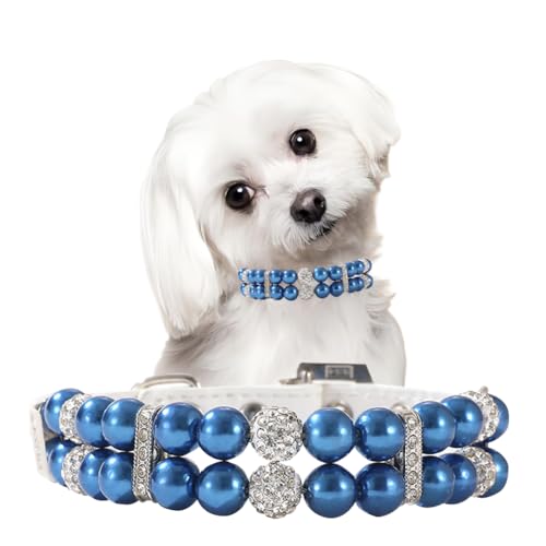 Blue Pearl Dog Collar,Fancy Crystal Bling Dog Collars for Medium Dogs,Rhinestone Diamond Dog Beaded Necklace Collar for XXS Xs Small Medium Dogs Pet,M - color: Blue, size: M Neck 11-13''(Tag L)