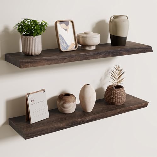 Axeman 30 inch Floating Shelves for Wall - 8'' D Live Edge Rustic Solid Elm Wood Floating Shelves Wall Mounted, Wall Shelves with Invisible Bracket for Living Room Bedroom Kitchen, Set of 2 Walnut - color: Walnut With Live Edge, size: 30 inches - 2P
