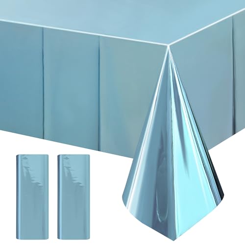 Just Shimmer 2Pcs Light Blue Foil Metallic Tablecloth Shiny Party Table Cloth 54" X 72" Disposable Rectangle Decoration for Thanksgiving Christmas Graduation Birthday Pary - color: Light Blue