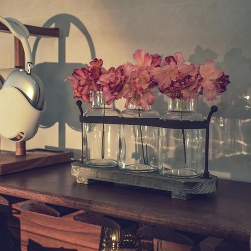 Vase Set with Flower and LED Lights, 3 Glass Mason Jars with Artificial Peony Flowers, Rustic Gray-Washed Wood Tray, Farmhouse Table Decor