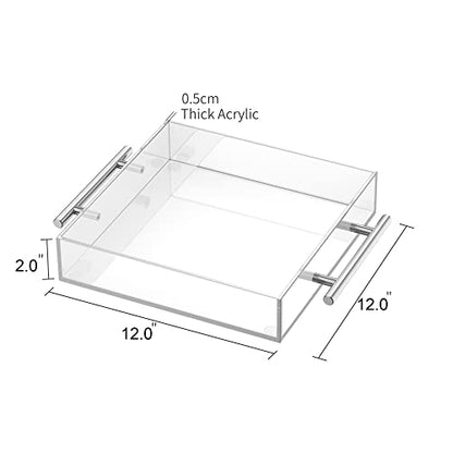 Clear Serving Tray 12"x12" - Acrylic Decorative Tray with Handles - size: 12" x 12" x 2"