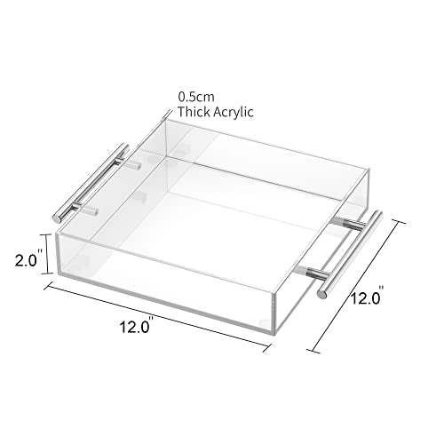 Clear Serving Tray 12"x12" - Acrylic Decorative Tray with Handles - size: 12" x 12" x 2"