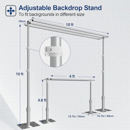 EMART Backdrop Stand Heavy Duty 10x10Ft,Three Crossbar Pipe and Drape Photo Background Support Kit, Adjustable Metal Frame with Flat Base for Wedding Birthday Party Decorations