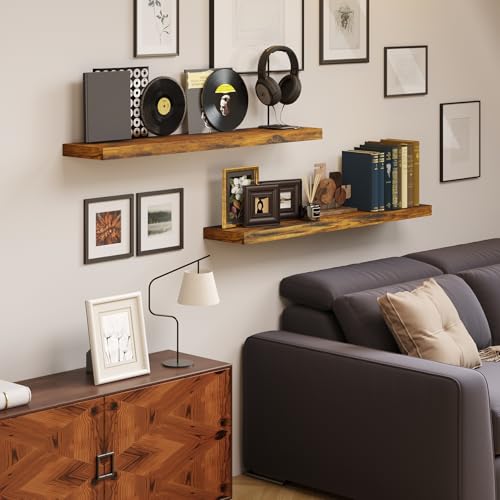 BAMEOS Floating Shelves, 31W x 7D Rustic Brown Wall Mounted Wooden Shelves with Invisible Brackets Set of 2, Hanging Wall Shelves Decoration for Bedroom, Bathroom, Living Room and Kitchen - color: Rustic Brown, size: 31x7 2Pcs