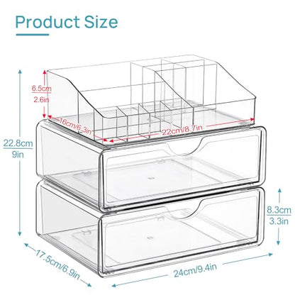 Vtopmart 3 Tier Clear Makeup Organizer with Drawer, Cosmetic Storage for Dresser Countertop and Bathroom Vanity, Beauty Holder for Lipstick Brush Skincare - style: 3 Tier