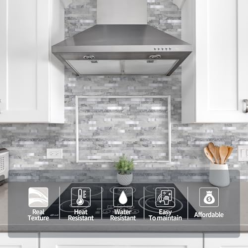 Yipscazo 10 Sheets Peel and Stick Stone Metal Tile Backsplash, Stick on Tiles for Backsplash Kitchen, Bathroom, Laundry Room, Camper, Fireplace (12'' X 12'', Gray Stone with Metal) - color: Gray Stone With Metal