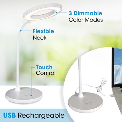 OttLite Vibe LED Ring Light, Rechargeable and Portable, 3 Color Temperatures, Book Light, Table Lamp Reading, Work, Desk Lamp for Home Office or Bedside - color: White Desk Light
