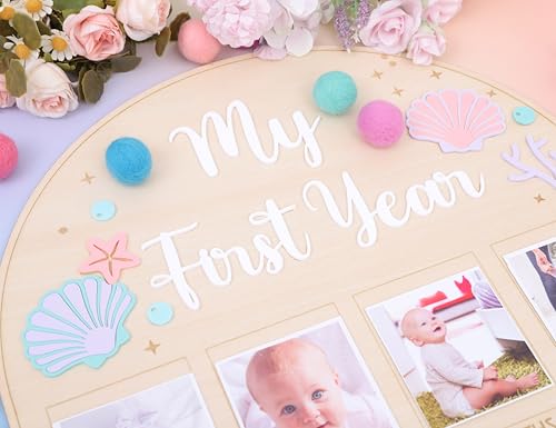 Mermaid Monthly Wooden Photo Board - Under The Sea 1st Birthday Party Decoration, Ocean Themed Milestone Board, 12-Month Photo Frame, Underwater World 1-12 Month Milestone Photo Board