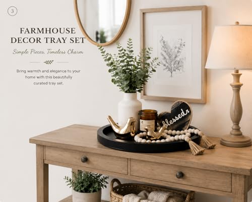 Rustic Modern Farmhouse Decor Set of 7 for Home Decor Living Room, Kitchen Counter, or Coffee Table Centerpieces Decor, Wood Round Decorative Tray Gifts for Women Men - color: Black