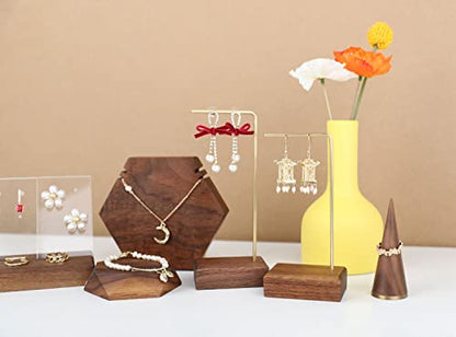 brass earring display stands for selling, wooden ear ring holders for jewelry, single stud holder jewelry display【Walnut brass earring stand Height 5.31"】