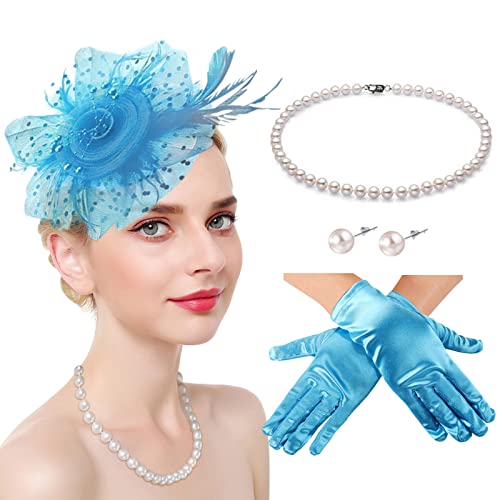 Fascinators Hats with Gloves Set for Women 20s 50s Cocktail Tea Party Wedding Costume Headwear - color: 02 Sky Blue