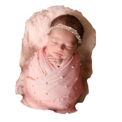 Newborn Photography Props Baby Photoshoots Pearl Wraps Girl Photo Posing Layers with Headband Accessories (Pink) - color: Pink