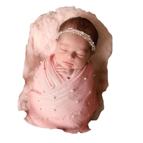 Newborn Photography Props Baby Photoshoots Pearl Wraps Girl Photo Posing Layers with Headband Accessories (Pink) - color: Pink