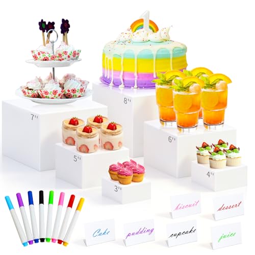 ABenkle 6Pcs White Acrylic Buffet Risers, Buffet Table Risers and Stands, Food Risers Display Shelf for Party Catering Dessert Cupcake,Cube Display Box with Mini Sign - size: 8",7",6",5",4",3"