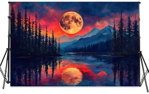 Moon Lake Backdrop 5x3ft Watercolor Nature Scenery Night Forest Mountain Background Aesthetic Decorations Banner for Photography Potrait Photo Props - color: orange, size: 5x3ft