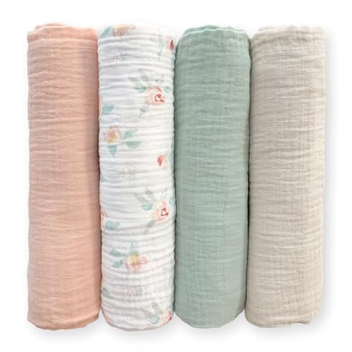 SwaddleDesigns Cotton Muslin Swaddle Blankets for Baby Girl, Set of 4, Receiving Blankets for Newborn, Baby Registry & Gift, 46x46 inches, Watercolor Peachy Pink Floral - color: Watercolor Peachy Pink Floral