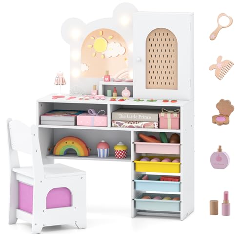 Costzon Kids Vanity with Lights, Girls Vanity Set with Mirror, Storage Drawers, Cabinet & Shelves, Toddler Makeup Vanity Desk Dressing Table, Wooden Kids Vanity Table and Chair Set (White) - style: White with Storage Bins