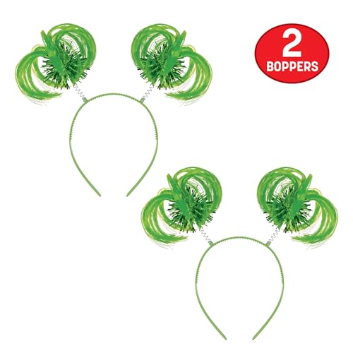 Beistle Green Ponytail Boppers – 2 Pack, Synthetic Hair Headband Accessories with Metallic Fringe, Spirit Headwear for Costume Styling, Themed Party Events, Photo Booth Props, and Novelty Wear