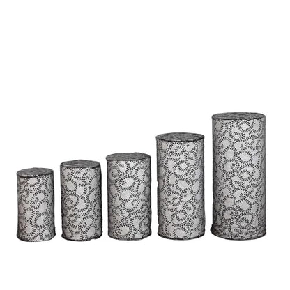 Efavormart Set of 5 Black Sequin Mesh Cylinder Display Box Stand Covers with Leaf Vine Embroidery, Sparkly Sheer Tulle Pedestal Pillar Prop Covers - color: Black, size: Sequin Mesh Cylinder Covers - Leaf Pattern