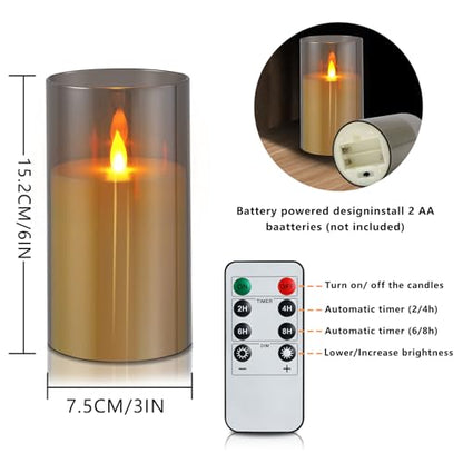 wemarry Flameless Candles Acrylic Glass Pillars 3" D x 6" H Battery Operated Flickering Candles Include 8-Key Remote with Timer Function 400+ Hours (Gray, Warm Light 2 Pack) - color: Gray, size: Warm Light 2 Pack