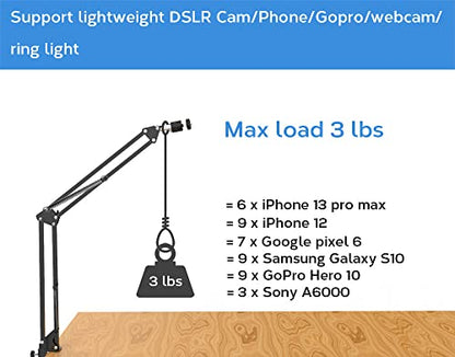 Overhead Tripod Mount for Camera Webcam Ring Light, Flexible Over Head Arm for iPhone with Phone Holder and Ball Head, Table Stand Accessory for Phone Video Recording Live Stream