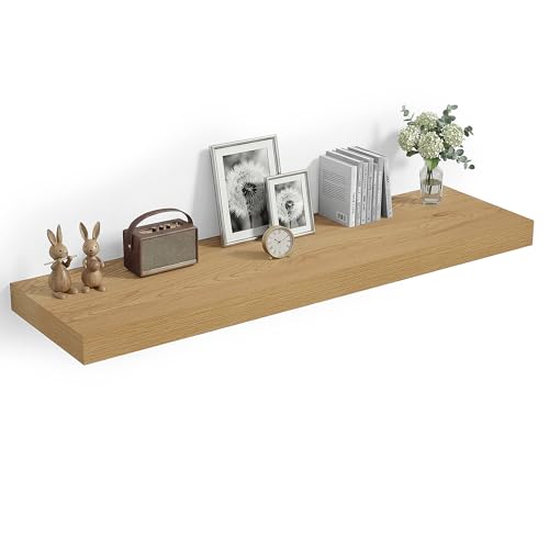 Heimlove 12" Deep Floating Shelves, 36 x 12 Inch Wall Mounted Long Floating Shelf with Invisible Brackets, for Home Decor, Bedroom, Kitchen, Living Room, Bathroom - 1 Pack, Oak - color: Oak, size: 36"W x 12"D x 2"H, Set of 1