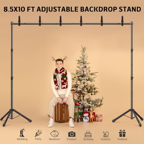 3-in-1 Backdrop Stand Kit 10x8.5 ft for Photography Studio, T-Shape Backdrop Stand for Wedding Parties, Background Stand for Photo Video Studio with Carring Bag, 6 Clamps, 2 Sandbags - size: 10x8.5 Ft