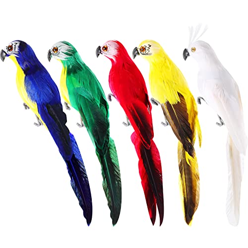 Threan 5 Pcs Fake Parrot Artificial Birds Halloween Pirate Parrot Fake Birds Figure Feathered for Christmas Craft Jungle Garden Home Ornament Decoration, Assorted Colors - style: Parrot