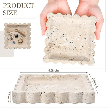 Threehoney 5.5 Inch Small Travertine Scallop Edge Stone Tray Marble Jewelry Dish Trinket Tray for Women, Perfume, Coffee Table(Square) - style: Square