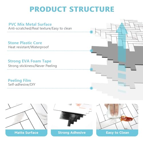 STICKGOO 10 Sheets Herringbone Peel and Stick Backsplash, Stick on Aluminum Composite PVC Kitchen Backsplash, Marble White Mixed Light Grey Look Self Adhesive Wall Tiles - color: Calacatta