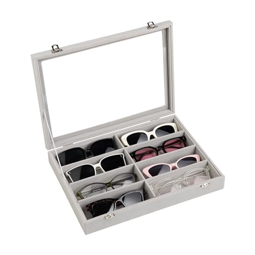 Frebeauty Sunglass Organizer,Velvet Glasses Organizer,8-Slot Sunglasses Tray with Clear Lid,Men's/Women's Sunglasses Box,Sunglass Case,13.3 x 9.6 x 2.2 Inches,Eyeglass/Eyewear Display Tray(Grey) - color: Grey, style: With Lid