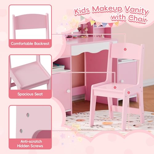 MU Kids Vanity, Girl Vanity Set with Mirror and Stool, 2 in 1 Toddler Makeup Vanity Table with Jewelry Storage, Wooden Princess Makeup Desk Dressing Table for Little Girls, (Pink) - color: Pink