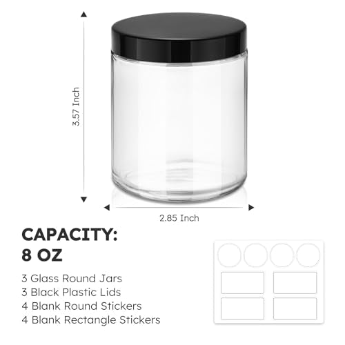 Tecohouse 8oz Glass Jars with Lids, 3 Pack Candle Jars with Blank Labels, 250g Clear Glass, Wide Mouth | Cosmetic Containers for Sample, Cream, Lotion, Honey, Powder, Jelly | Kitchen & Home - color: Clear-Black Lids