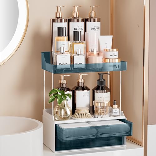 Delamu Bathroom Organizers and Storage, 2 Tier 2 Drawer Makeup Organizer Countertop, Easy to Install, Ideal for Bathroom Counter, Vanity, Blue - color: Blue, size: 2Drawers 1 Pack