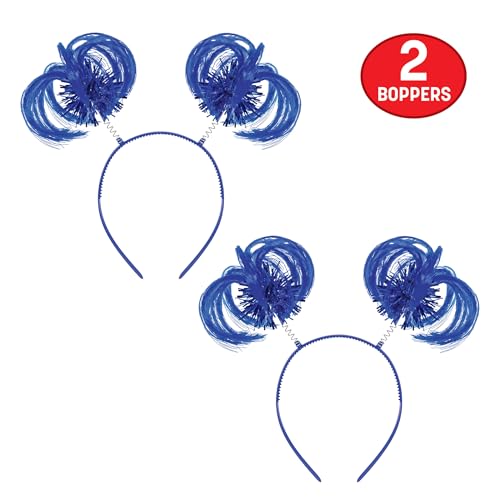 Beistle Blue Ponytail Boppers – 2 Pack, Synthetic Hair Headband Accessories with Metallic Fringe, Spirit Headwear for Costume Styling, Themed Party Events, Photo Booth Props, and Novelty Wear