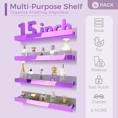 4 Pack 15 Inch Purple Reflective Acrylic Shelves, Purple Floating Shelves, Modern Sunglasses Essential Oil Picture Ledge Display Toy Storage Shelf - color: 15in-purple Mirror