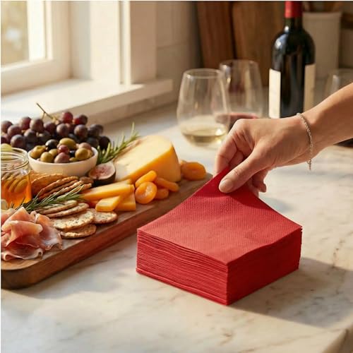 AMERICAN HOMESTEAD Red Cocktail Napkins - Premium 4.75"x4.75" Disposable Linen-Like Beverage Napkins - Bulk Square Party Bar Serviettes for Weddings, Parties, Events, and Everyday Use - 100 Count - color: Red, size: 4.75 x 4.75