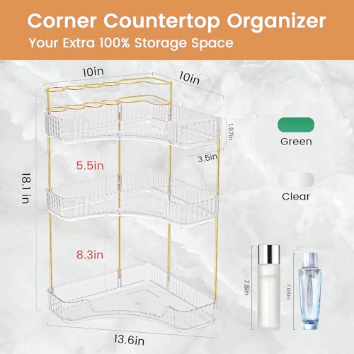 NATURE'S SOURCE Makeup Organizer for Vanity, 3-Tier Corner Bathroom Organizer Countertop with Makeup Brush Holder, Corner Counter Storage for Bathroom, Dresser, Kitchen（Clear - color: Clear, size: 3-Tier