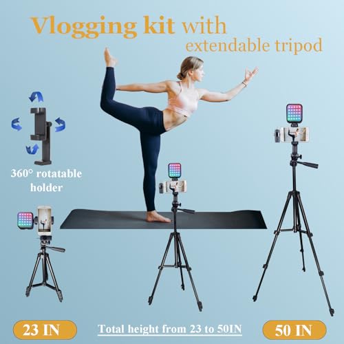 Vlogging Kit for iPhone, Vlogging Kit for Andriod Phone, Content Creator Essentials w/RotatableHolder/Lavalier Mic/RGB Light/Remote/Extendable Tripod (50IN Tripod) - size: 50IN Extenable Tripod