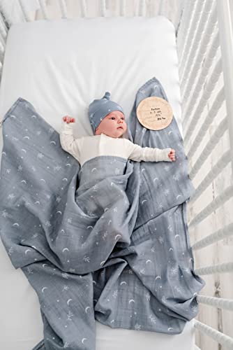 Miaoberry 100% Organic Muslin Swaddle Set w Matching Hat/Bow| Moon Leaves in Haze Blue| Hospital Home-Coming Baby Announcement Blanket Gender Neutral for Boy n Girl - color: Moon Blue