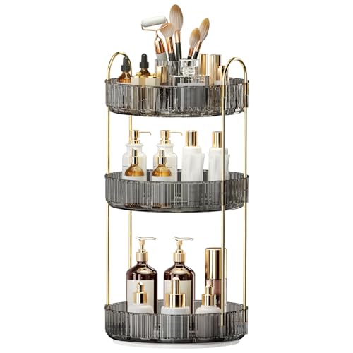 360° Rotating Makeup Organizer, Large-Capacity Skincare Make Up Storage 3 Tier Perfume Organizers Cosmetic Dresser Organizer with Makeup Brush Holder, Fits Bedroom, Bathroom, Vanity Shelf Countertop - color: Light Gray, size: 3 Tier