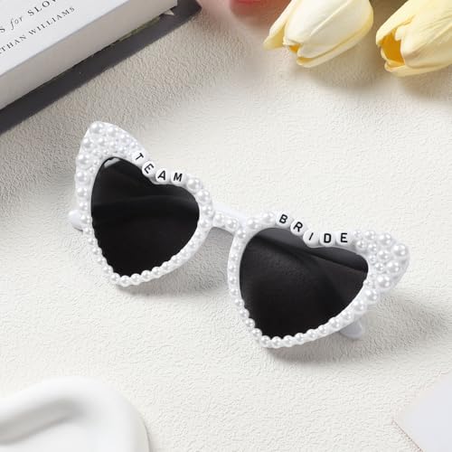 Etercycle Heart Sunglasses, Team Bride Sun Glasses Bridesmaid Gifts, White Pearl Glasses for Women Bachelorette Party Decorations - color: Team Bride-white